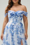Corsé de flor blanca azul con hombro descubierto y vestido de dama de honor de talla grande con abertura