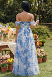 Vestido Maxi de tul floral azul corsé A de línea A descubierto