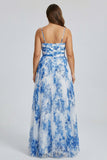 Vestido de dama de honor plisado de talla grande con tirantes finos de flor blanca azul y tirantes finos