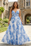 Vestido de dama de honor plisado de talla grande con tirantes finos de flor blanca azul y tirantes finos