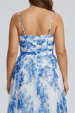 Vestido de dama de honor plisado de talla grande con tirantes finos de flor blanca azul y tirantes finos