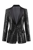 Blazer de fiesta para mujer con solapa de pico negro plateado brillante