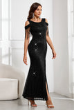 Vestido de fiesta largo de hombro frío con flecos de sirena negra brillante con abertura