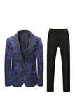 Azul Oscuro Estampado Floral Chal Solapa 2 Piezas Trajes Hombre