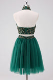 Vestido corto halter verde oscuro brillante con lentejuelas