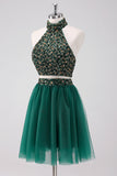 Vestido corto halter verde oscuro brillante con lentejuelas