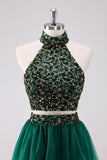 Vestido corto halter verde oscuro brillante con lentejuelas