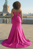 Vestido de graduación de talla grande con corsé de sirena fucsia y tirantes finos