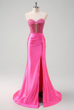 Vestido de fiesta de corsé largo de satén de sirena fucsia con apliques