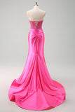 Vestido de fiesta de corsé largo de satén de sirena fucsia con apliques