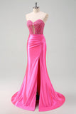 Vestido de fiesta de corsé largo de satén de sirena fucsia con apliques