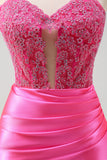 Vestido de fiesta de corsé largo de satén de sirena fucsia con apliques