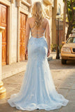 Vestido largo de graduación de tul de talla grande con corsé de sirena azul y flores 3D