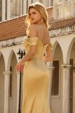 Vestido largo de graduación de satén de satín de sirena dorado con hombros fríos y lentejuelas