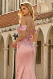 Vestido largo de graduación de satén de satín de sirena dorado con hombros fríos y lentejuelas