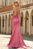 Vestido largo de graduación coral coral transparente de Serenas de lentejuelas con abertura