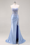 Corsé de sirena azul brillante Vestido de fiesta largo de satén con abertura