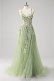 Vestido de graduación largo de tul de talla grande aplicado Green A Line con abertura