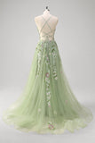 Vestido de graduación largo de tul de talla grande aplicado Green A Line con abertura