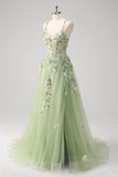 Vestido de graduación largo de tul de talla grande aplicado Green A Line con abertura