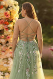 Vestido de graduación largo de tul de talla grande aplicado Green A Line con abertura