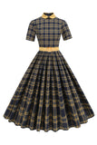 Vestido midi midi de 1950 con cuello Peter Pan a cuadros negros