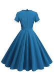 Vestido midi evasé azul con cuello redondo de la década de 1950