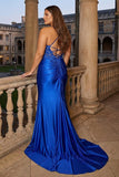 Vestido de graduación de talla grande con tirantes finos de sirena azul real y talla grande