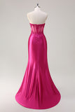 Corsé sin tirantes de sirena fucsia brillante con apliques Vestido de fiesta largo con abertura