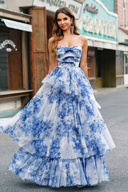 Vestido de fiesta largo sin tirantes sin tirantes de flores blancas y azules con lazos