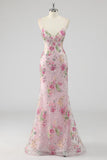 Vestido de baile largo floral de talla grande con lentejuelas rosas de sirenas y encaje en la espalda