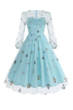 Vestido floral azul A de la década de 1950 con mangas largas