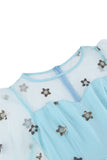 Vestido floral azul A de la década de 1950 con mangas largas