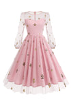 Vestido floral azul A de la década de 1950 con mangas largas