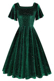 Vestido midi midi vintage de terciopelo punteado verde oscuro con cuello cuadrado y manga volante