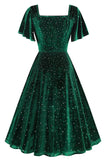 Vestido midi midi vintage de terciopelo punteado verde oscuro con cuello cuadrado y manga volante