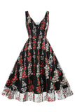 Elegante vestido vintage sin mangas bordado de encaje floral negro
