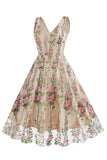 Elegante vestido vintage sin mangas bordado de encaje floral negro