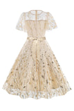 Albaricoque lentejuelas hoja bordada malla superposición elegante vestido vintage