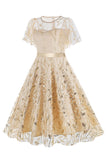 Albaricoque lentejuelas hoja bordada malla superposición elegante vestido vintage