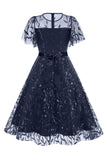 Albaricoque lentejuelas hoja bordada malla superposición elegante vestido vintage