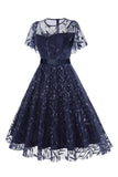 Albaricoque lentejuelas hoja bordada malla superposición elegante vestido vintage