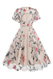 Albaricoque A Line Flower Mangas Cortas Vintage de los años 50Vestido