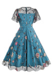 Albaricoque A Line Flower Mangas Cortas Vintage de los años 50Vestido