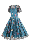 Albaricoque A Line Flower Mangas Cortas Vintage de los años 50Vestido
