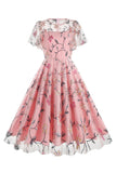 Albaricoque A Line Flower Mangas Cortas Vintage de los años 50Vestido