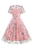 Albaricoque A Line Flower Mangas Cortas Vintage de los años 50Vestido