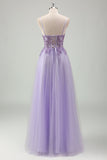 Vestido de fiesta largo con corsé de tirantes de espagueti morado brillante con apliques