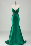 Vestido de fiesta largo de satén con tirantes de espagueti sirena verde brillante con apliques