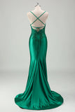 Vestido de fiesta largo de satén con tirantes de espagueti sirena verde brillante con apliques